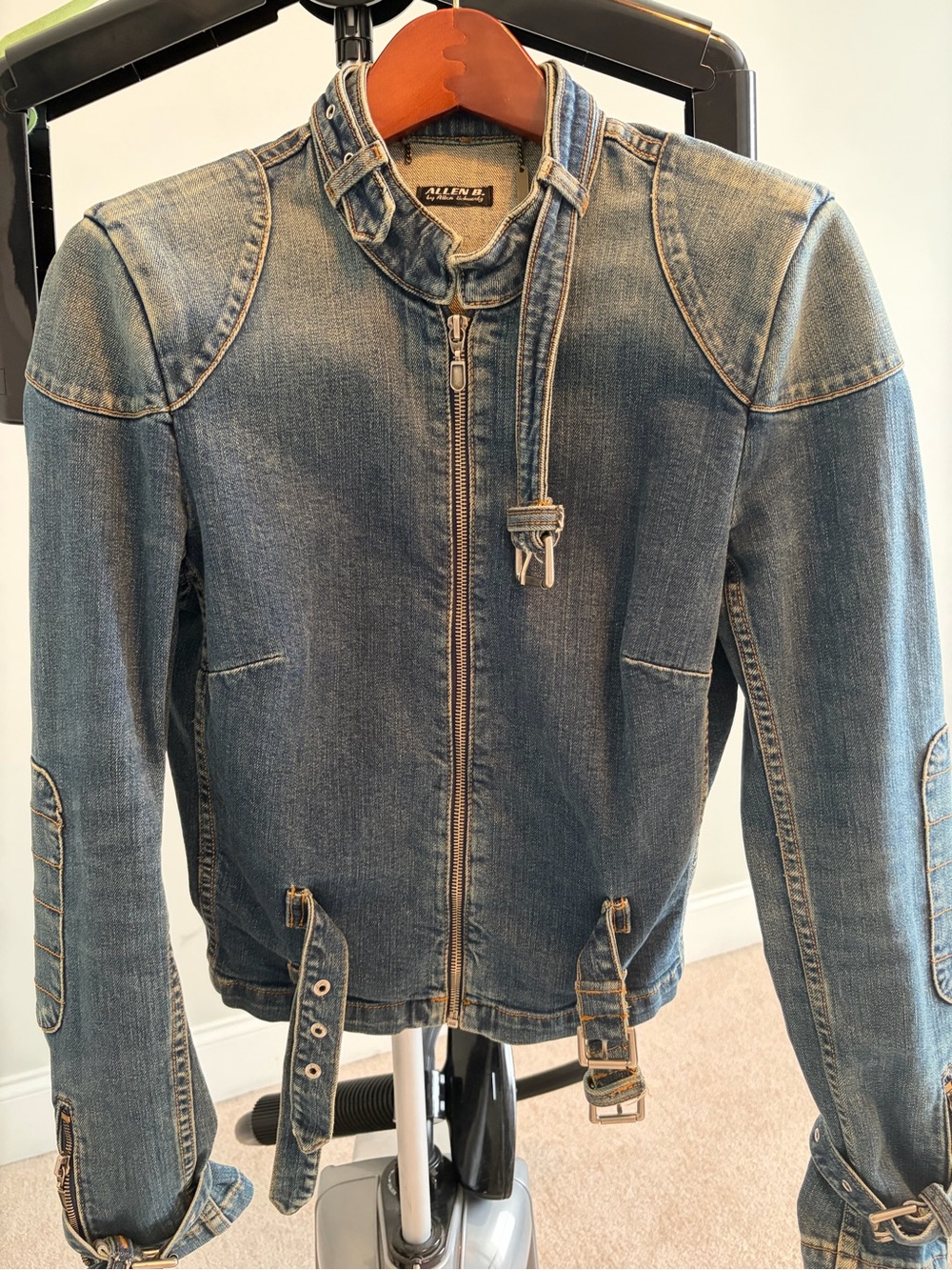 Allen B. By Allen Schwartz Men’s Faded Blue Denim Bomber Jacket with Buckles
